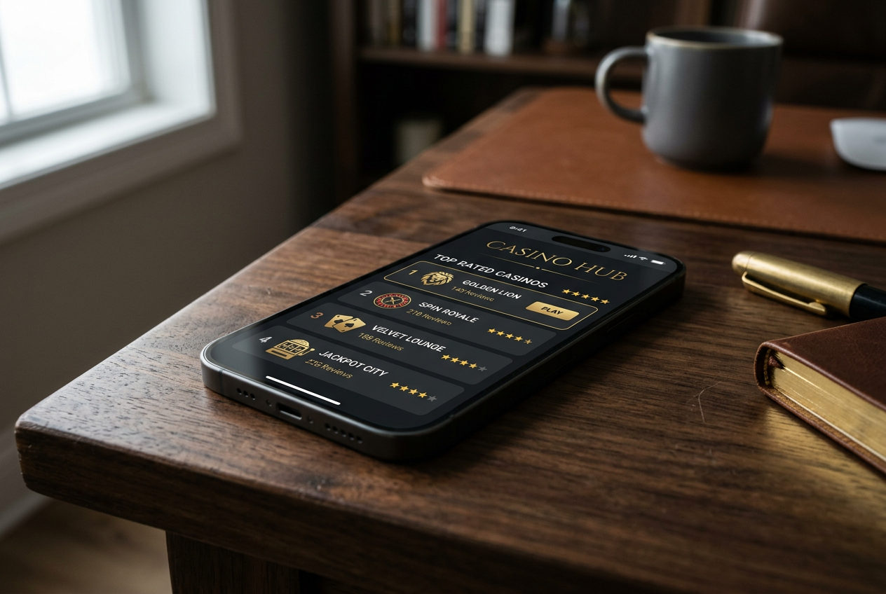 Smartphone displaying a list of top-rated casino applications with star ratings.