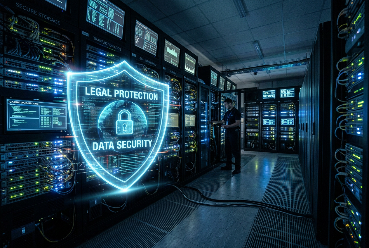 Holographic shield over a server room representing digital security.
