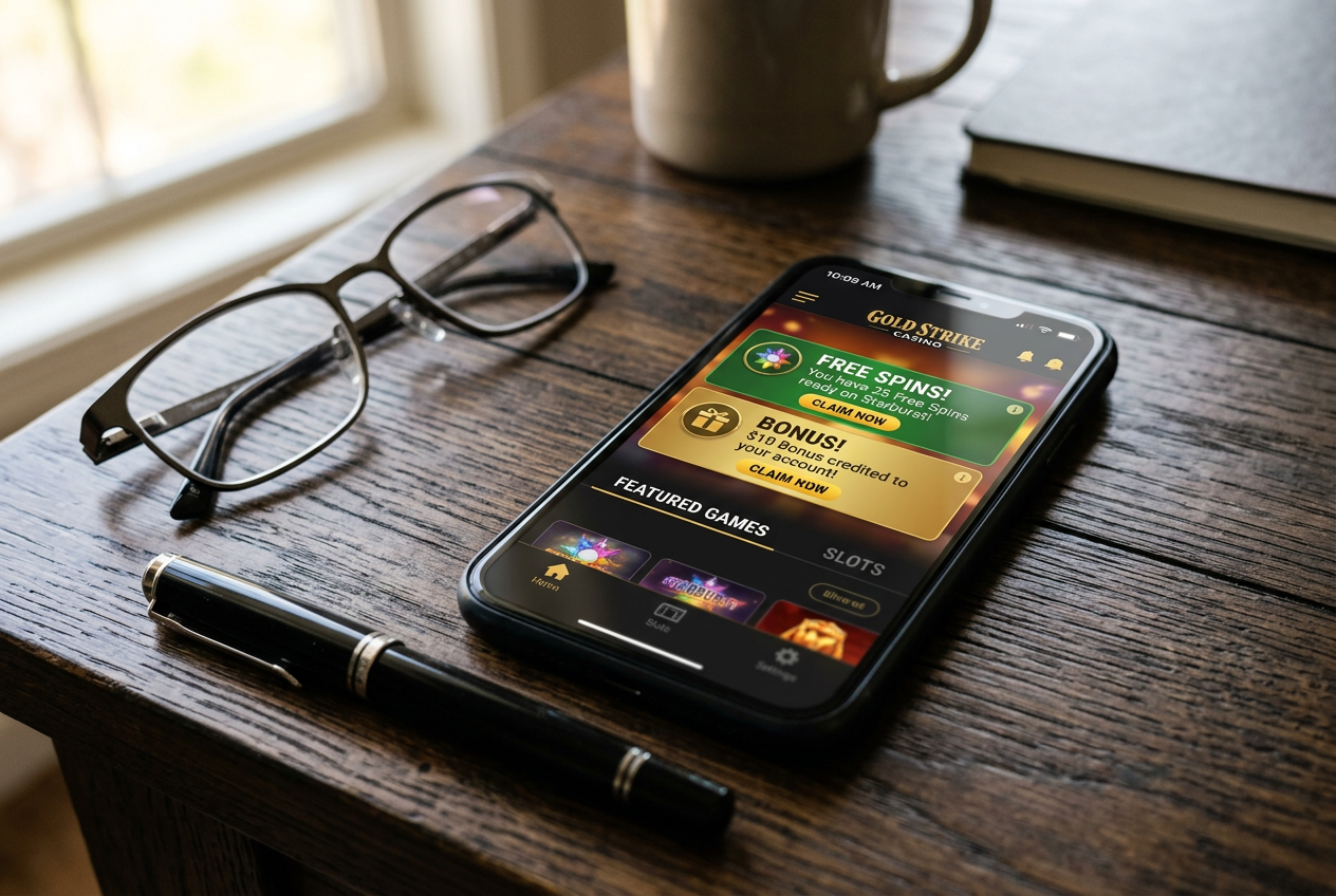 Modern smartphone displaying casino bonus icons on a dark desk.