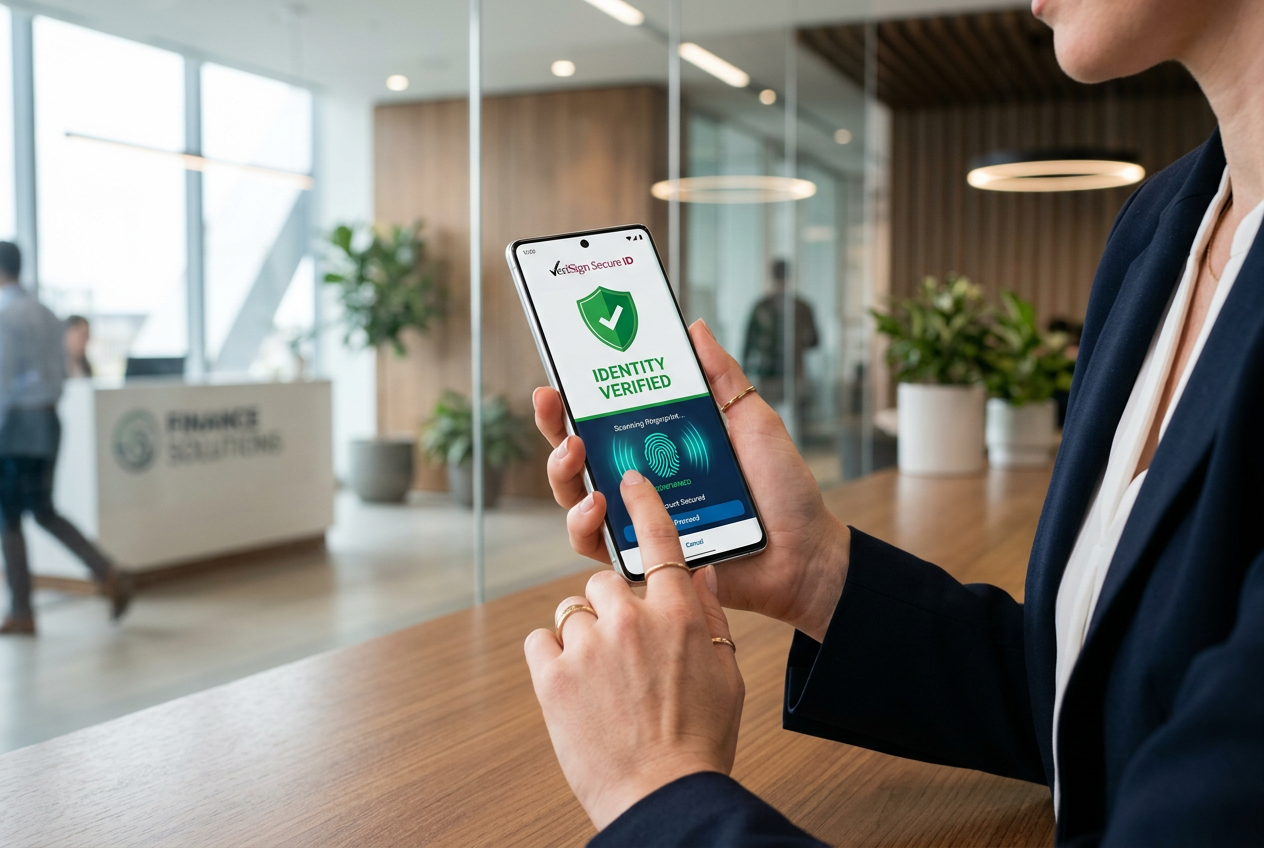 A smartphone showing a secure identity verification process with biometrics.