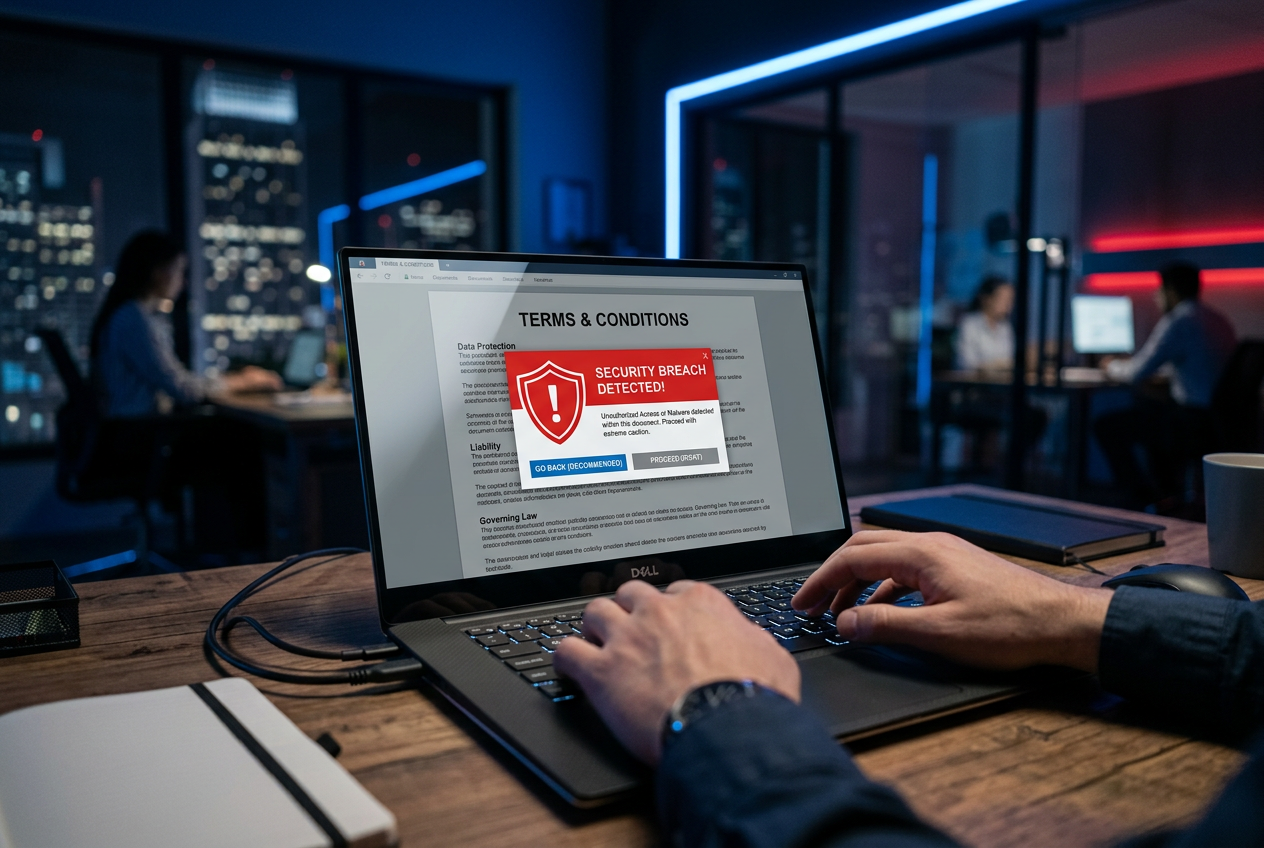 Ekran laptopa z ostrzeżeniami o bezpieczeństwie i regulaminem kasyna