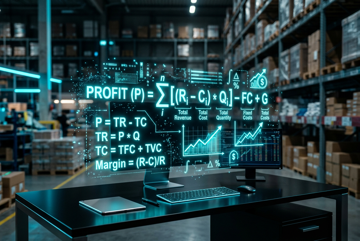 A digital visualization of a mathematical formula for profit calculation in a dark, tech-style environment.