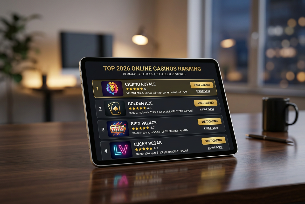 A sleek tablet displaying a top-rated list of online casinos with gold accents.