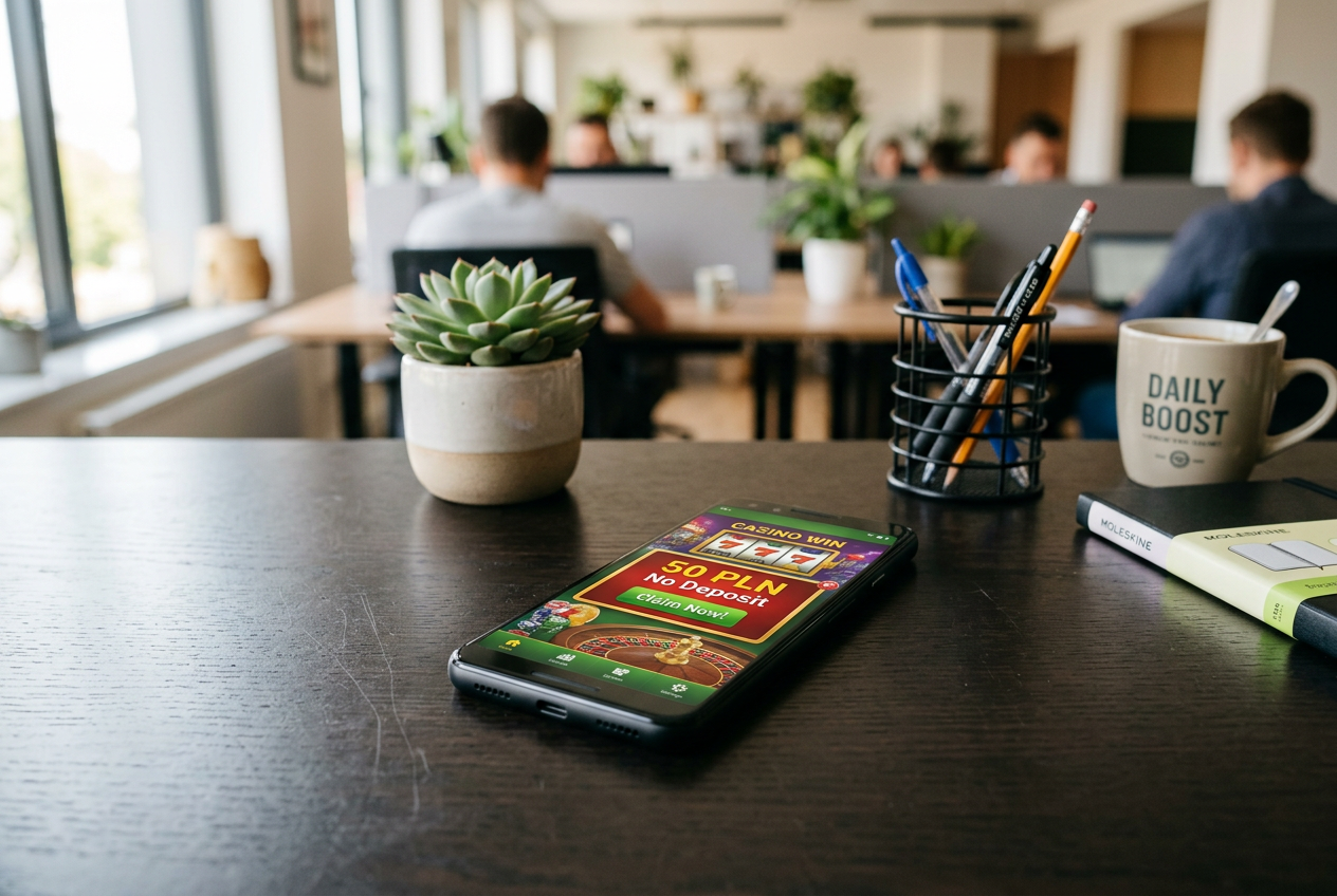 Smartfon wyświetlający ofertę bonusu 50 zł w kasynie online